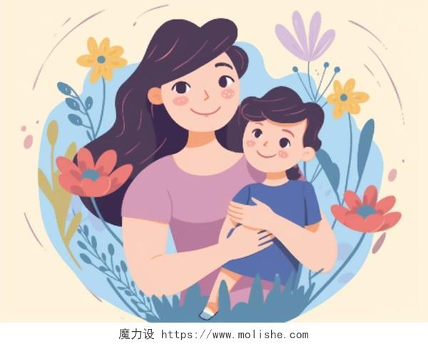 温馨一家人母亲儿子妈妈抱着孩子美好家庭亲子温馨卡通插画母亲节国际家庭日